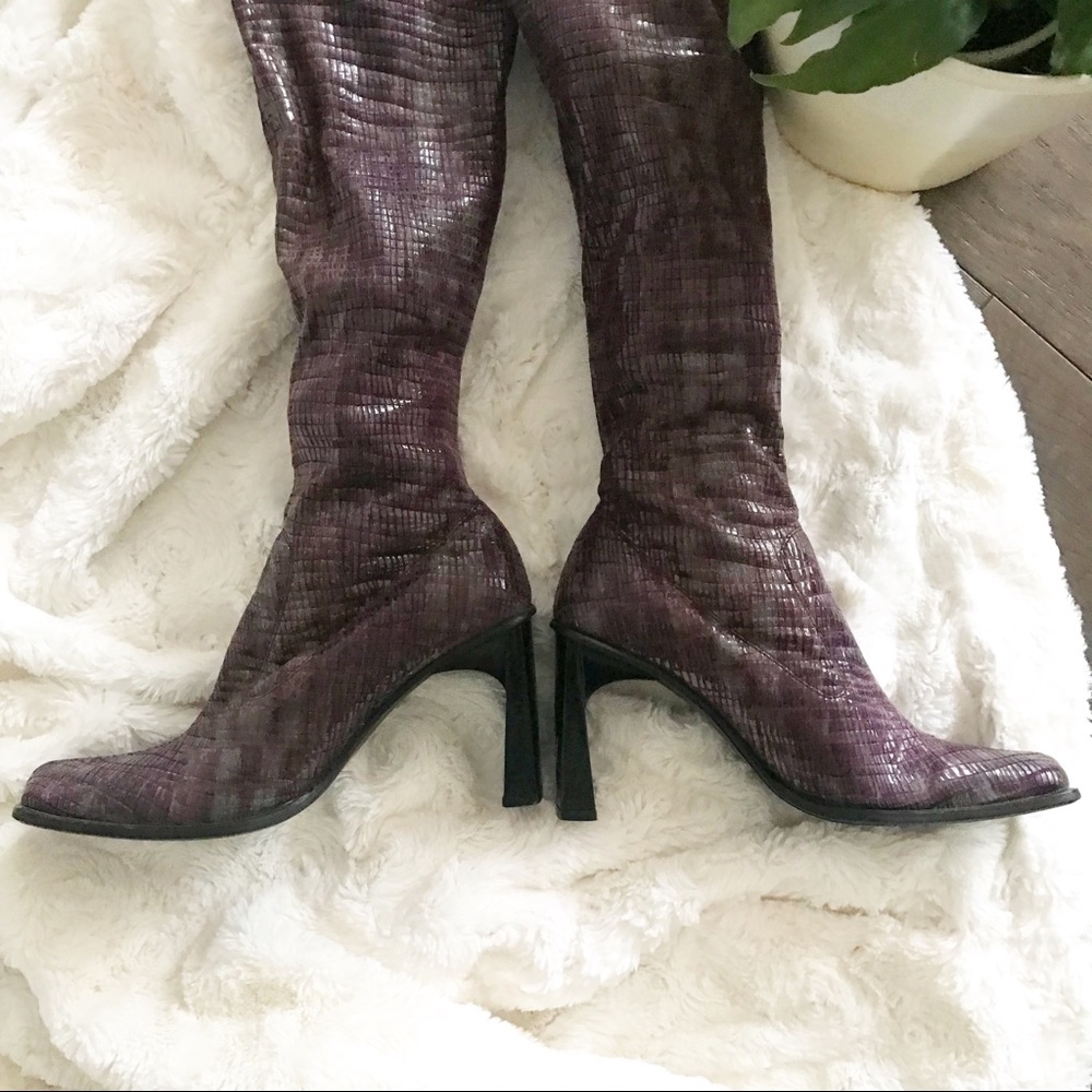 ITALIAN made Square Toe, Purple/Black  Metallic tall Boots 7.5. Great condition